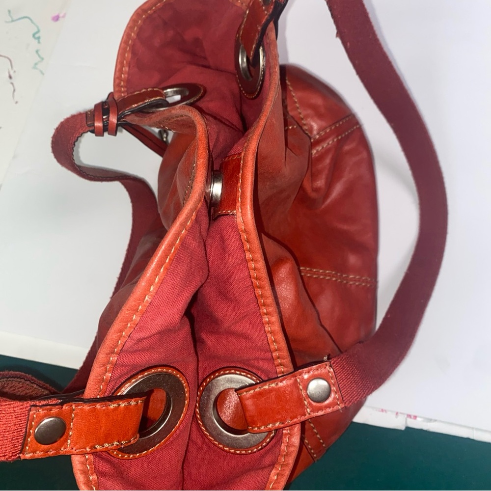 Fossil Red Leather Shoulder Bag with Metallic Accents